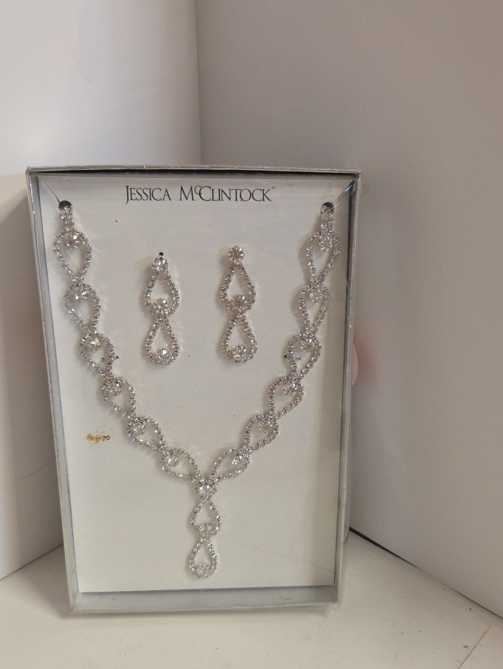 Jessica McClintock Silver-Tone Crystal Teardrop Necklace & Earring Set